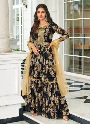 Black Floral Print Gharara Suit