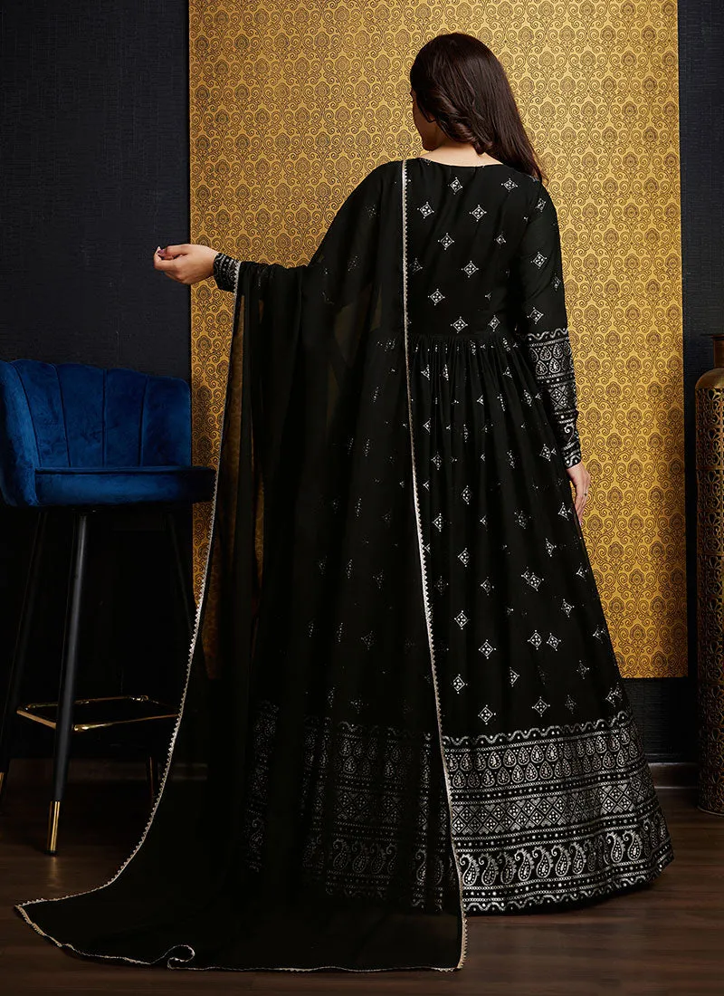 Black Golden Foil Printed Anarkali Gown With Dupatta