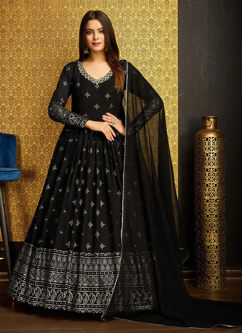 Black Golden Foil Printed Anarkali Gown With Dupatta