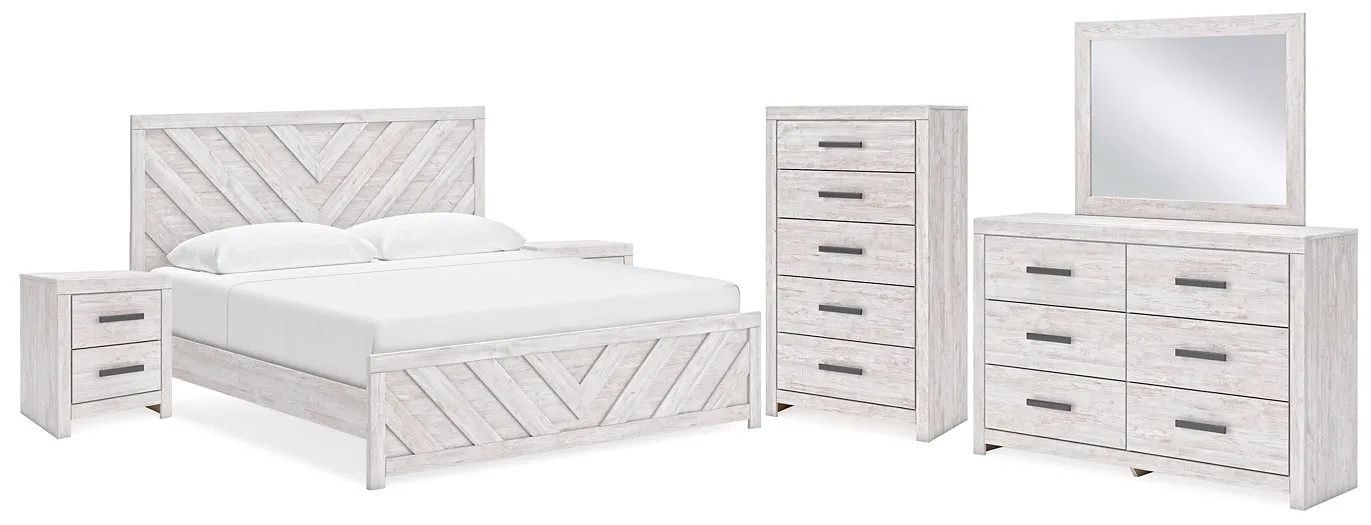 Cayboni King Panel Bed with Mirrored Dresser, Chest and 2 Nightstands