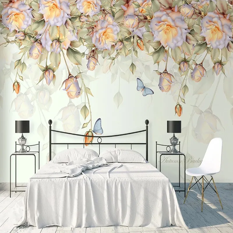 Custom Wallpaper Mural Hand Painted Rose Flower Butterfly (㎡)