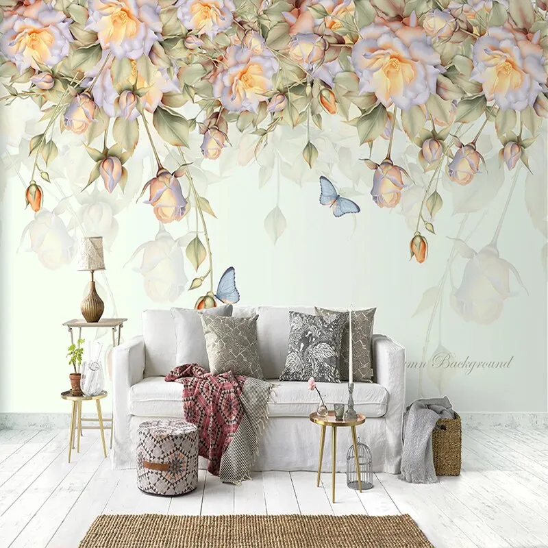 Custom Wallpaper Mural Hand Painted Rose Flower Butterfly (㎡)