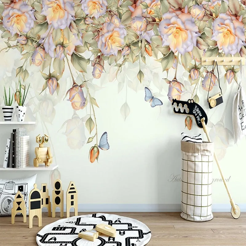 Custom Wallpaper Mural Hand Painted Rose Flower Butterfly (㎡)