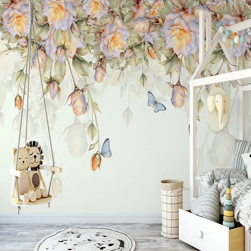 Custom Wallpaper Mural Hand Painted Rose Flower Butterfly (㎡)