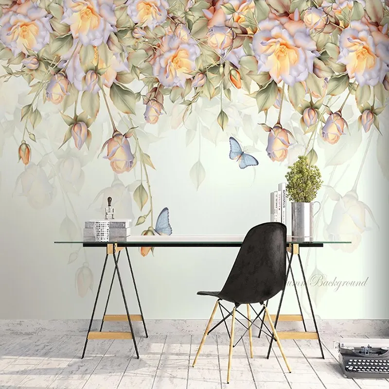 Custom Wallpaper Mural Hand Painted Rose Flower Butterfly (㎡)