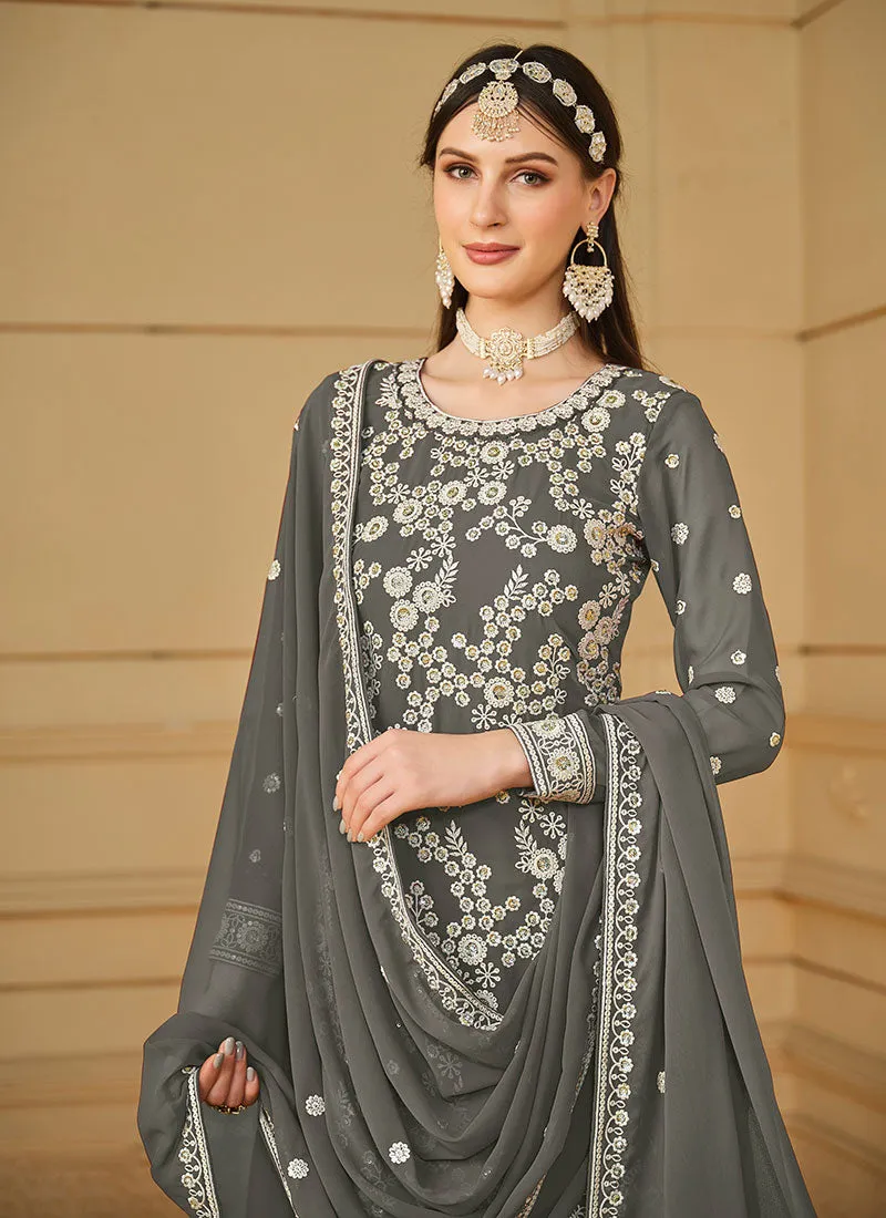 Grey Thread And Sequence Embroidery Gharara Suit