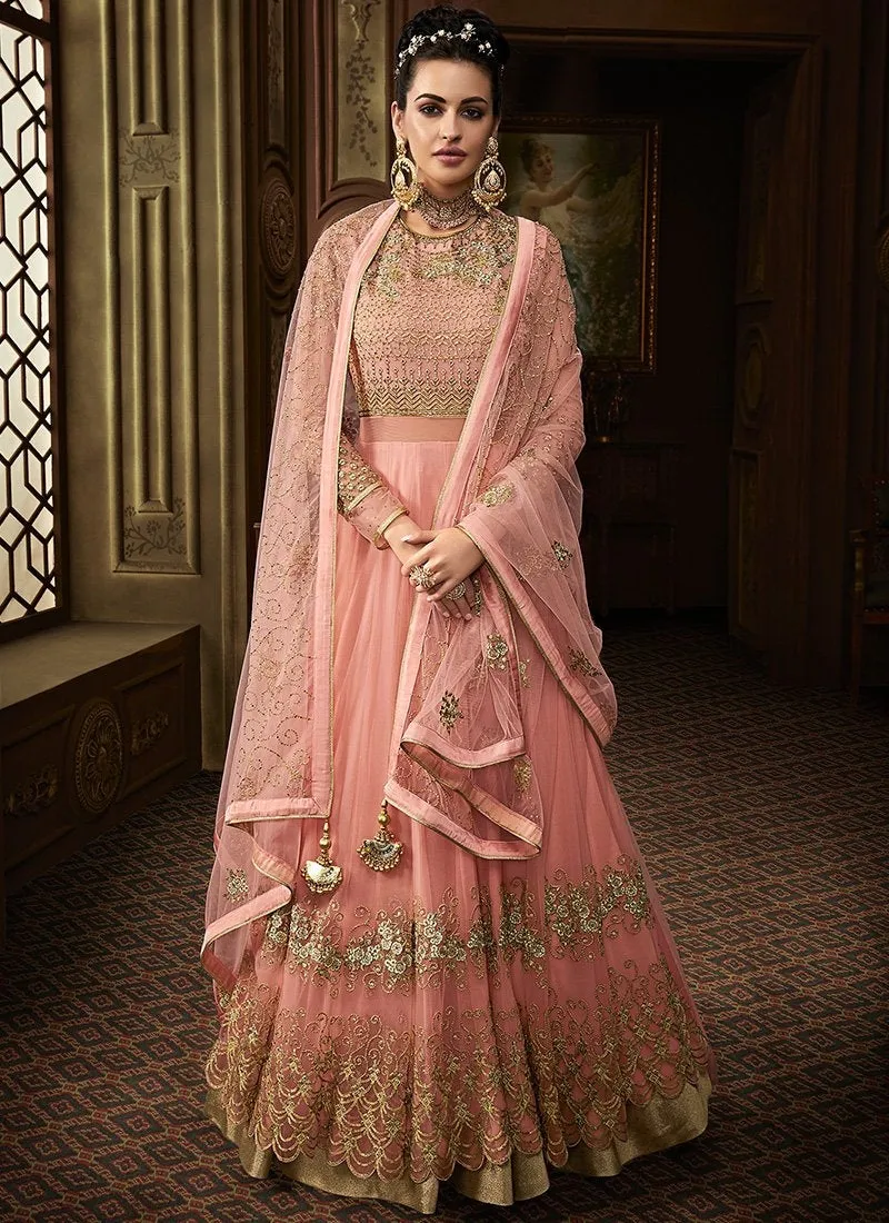 Light Pink Embroidered Net Anarkali Pant Suit