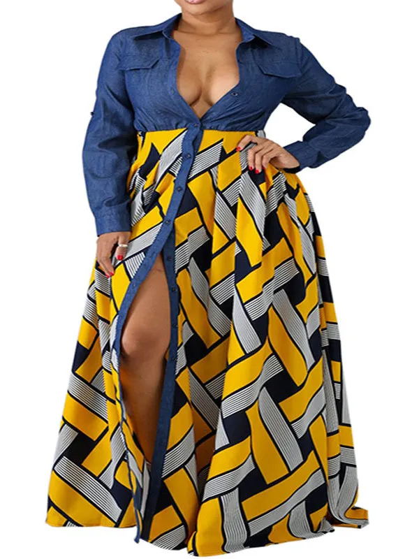 Long Sleeves Loose Buttoned Elasticity Printed Split-Joint Lapel Maxi Dresses