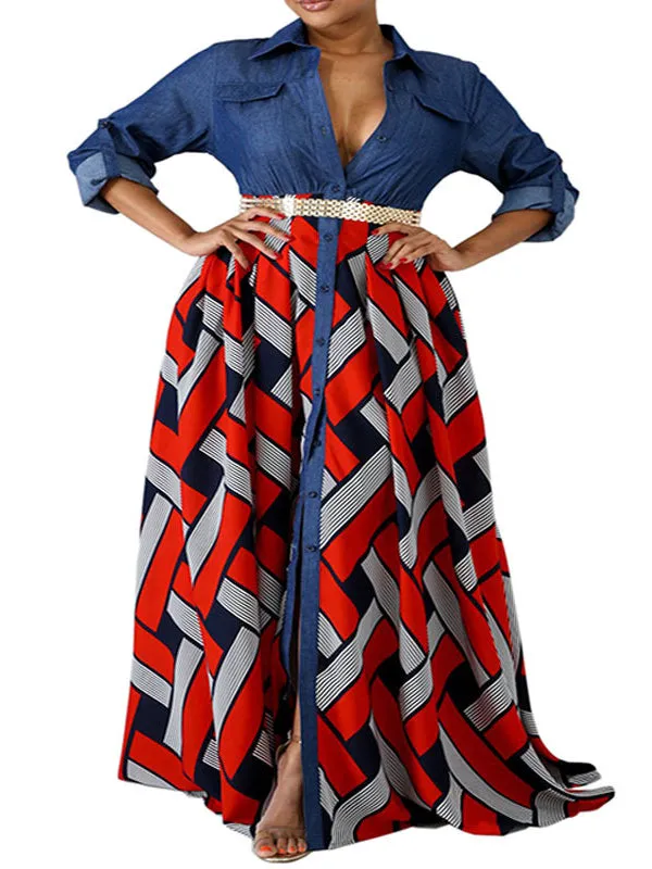 Long Sleeves Loose Buttoned Elasticity Printed Split-Joint Lapel Maxi Dresses