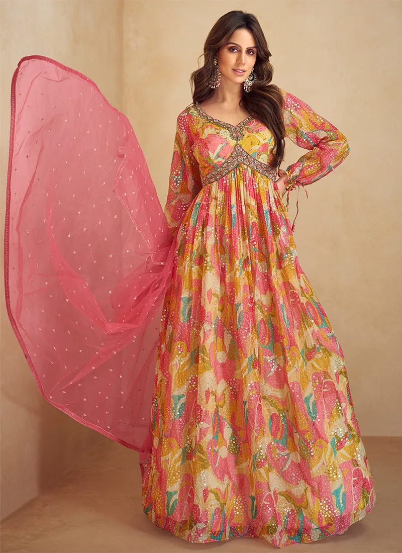 Pink Multi Digital Printed Handwork Embroidered Anarkali Gown