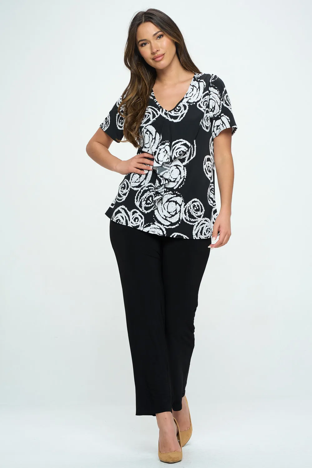 Plus Size Cascade Drop Short Sleeve Top-3056HT-SXP1-W342