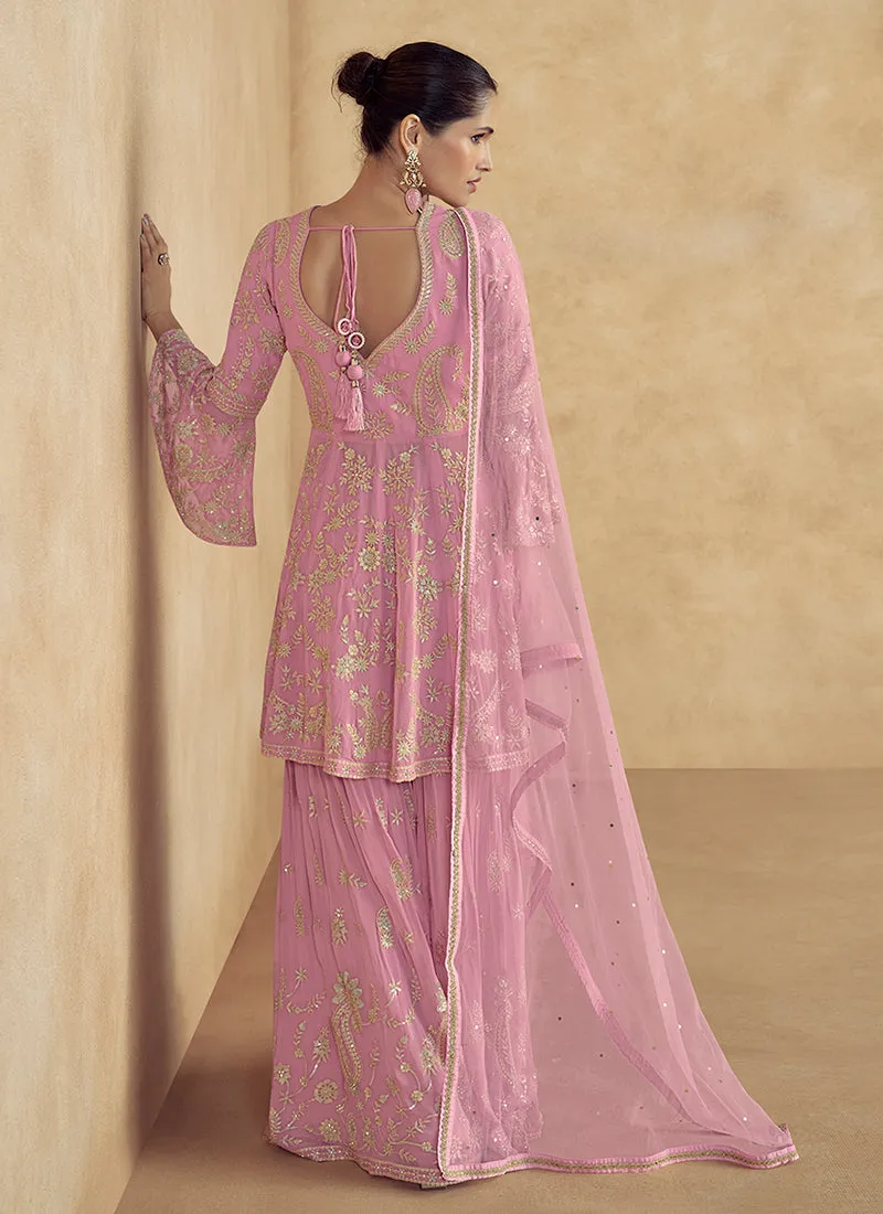 Soft Pink Traditional Embroidery Peplum Style Sharara Suit