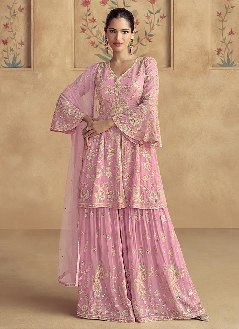 Soft Pink Traditional Embroidery Peplum Style Sharara Suit