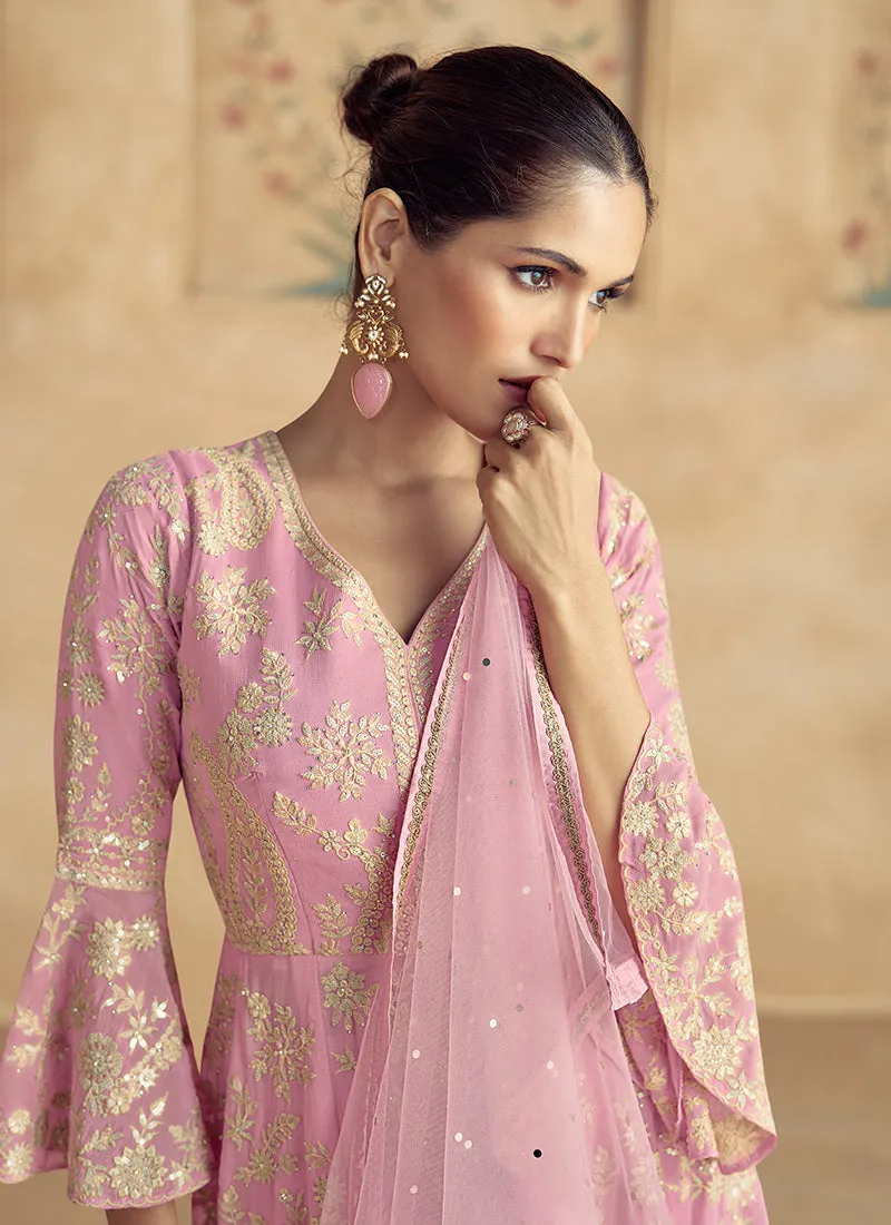 Soft Pink Traditional Embroidery Peplum Style Sharara Suit