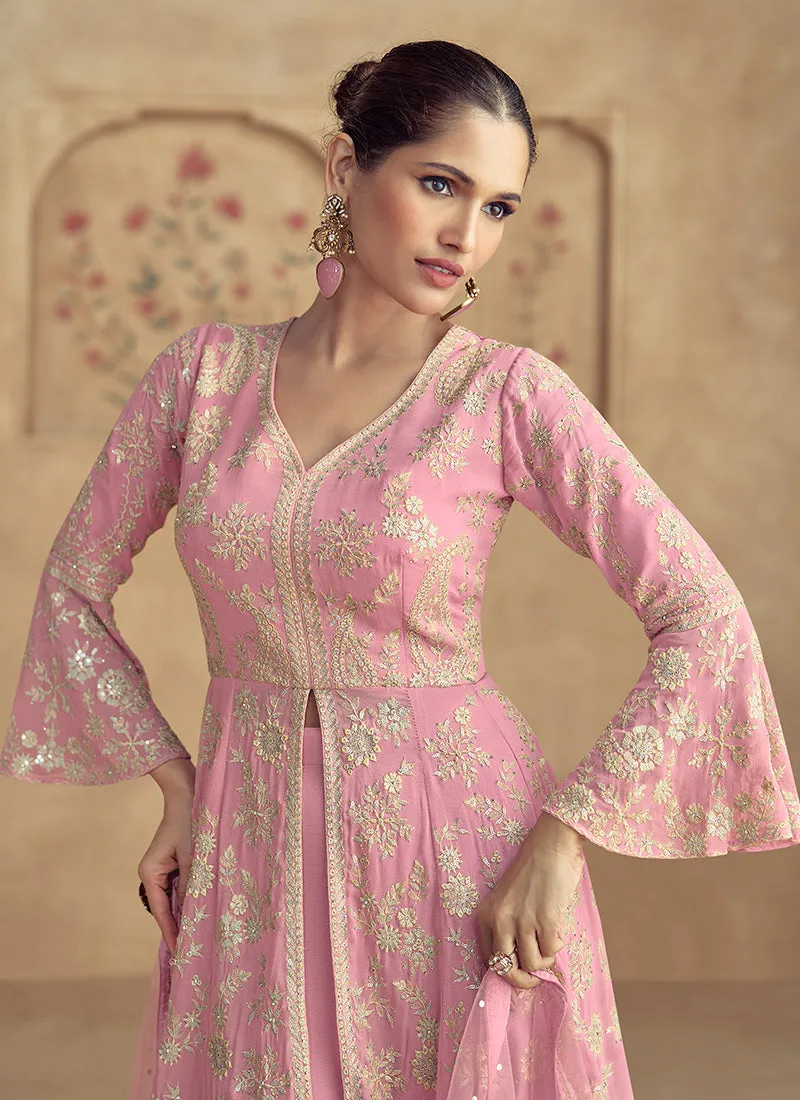 Soft Pink Traditional Embroidery Peplum Style Sharara Suit