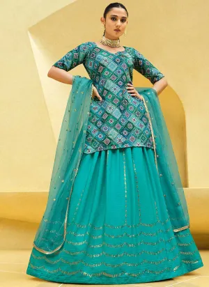 Teal Blue Sequence Embroidery Lehenga Choli