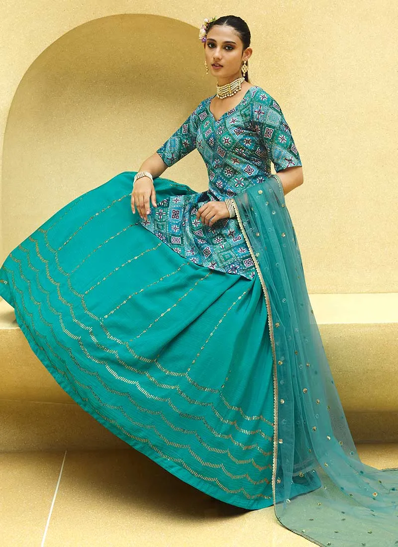 Teal Blue Sequence Embroidery Lehenga Choli