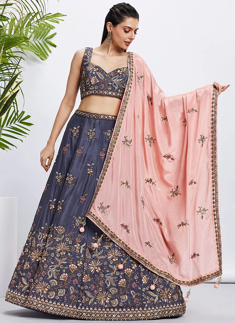 Violet And Peach Multi Embroidered Bridal Lehenga Choli