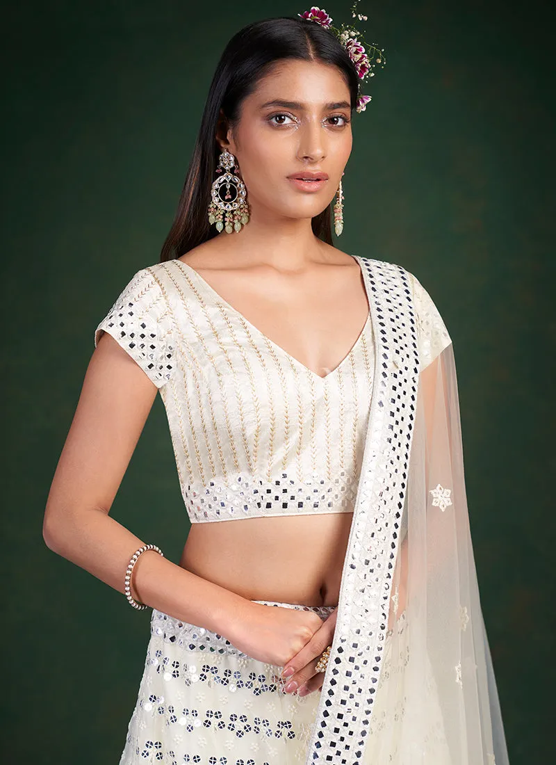 White Mirror Work Embroidery Traditional Lehenga Choli