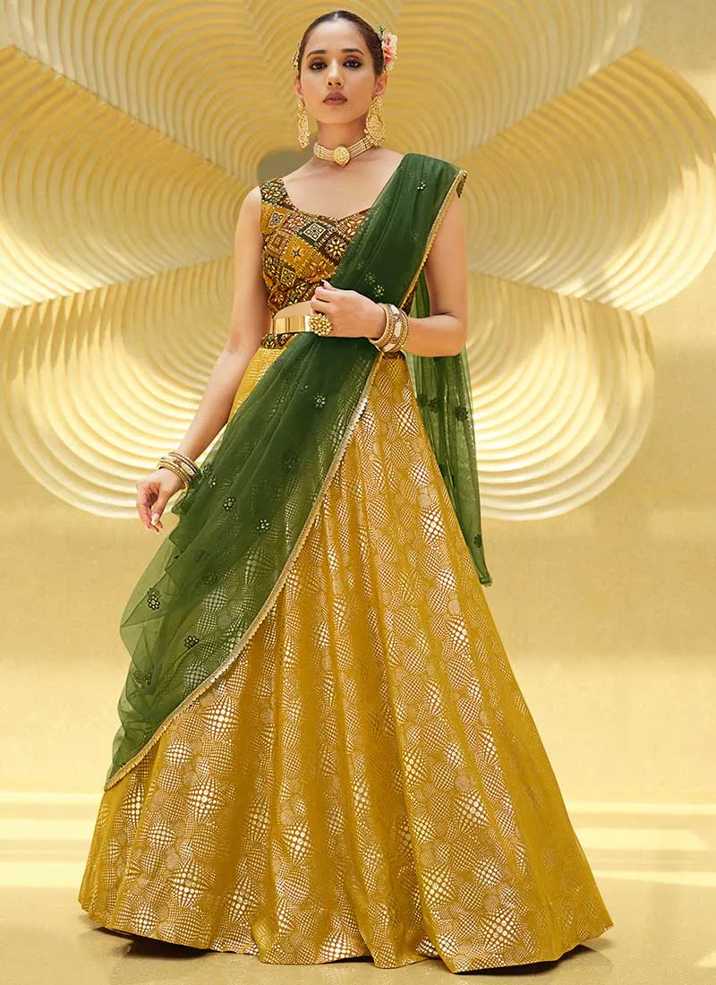 Yellow And Green Sequence Embroidery Lehenga Choli