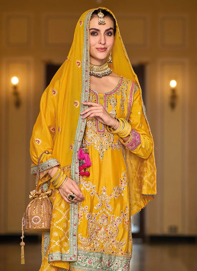 Yellow Multi Embroidery Traditional Palazzo Suit