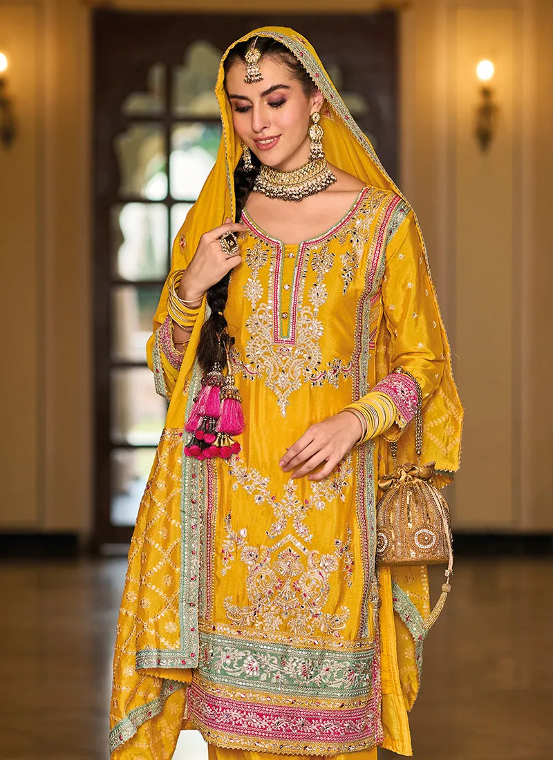 Yellow Multi Embroidery Traditional Palazzo Suit